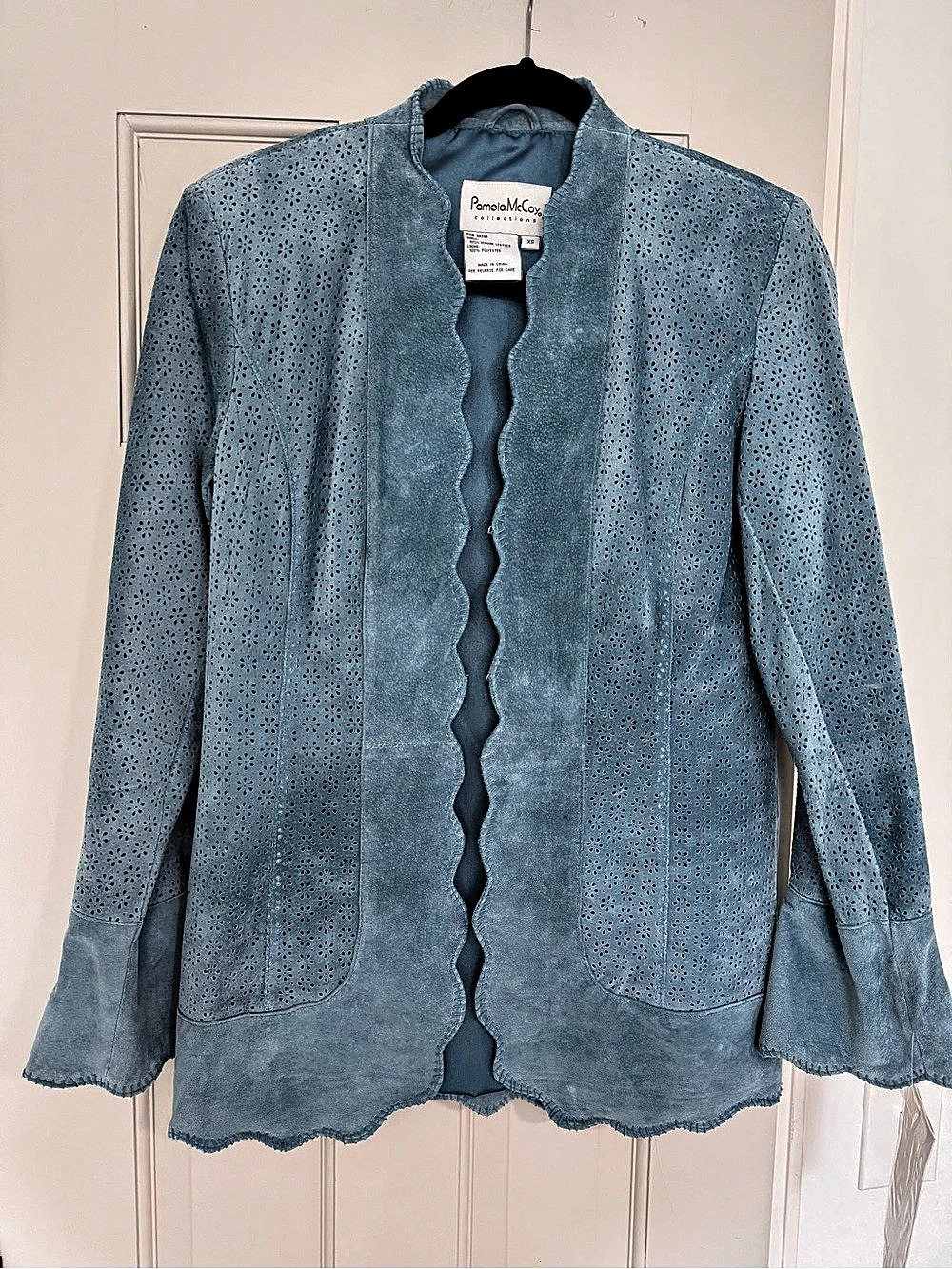Pamela McCoy Laser-Cut Leather Jacket in Blue Size XS NWT